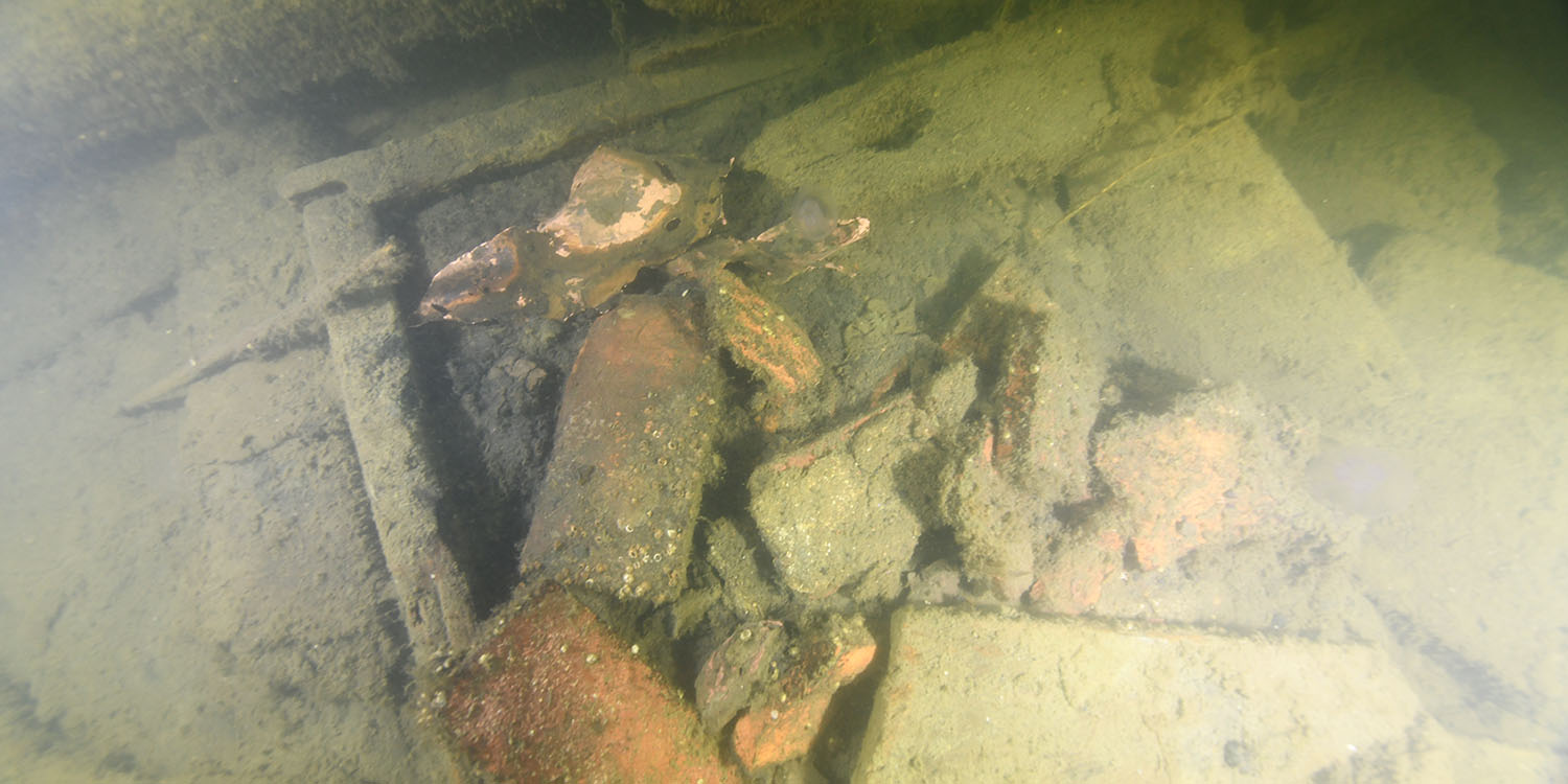 Vrakdelar övertagna av alger på havsbotten.