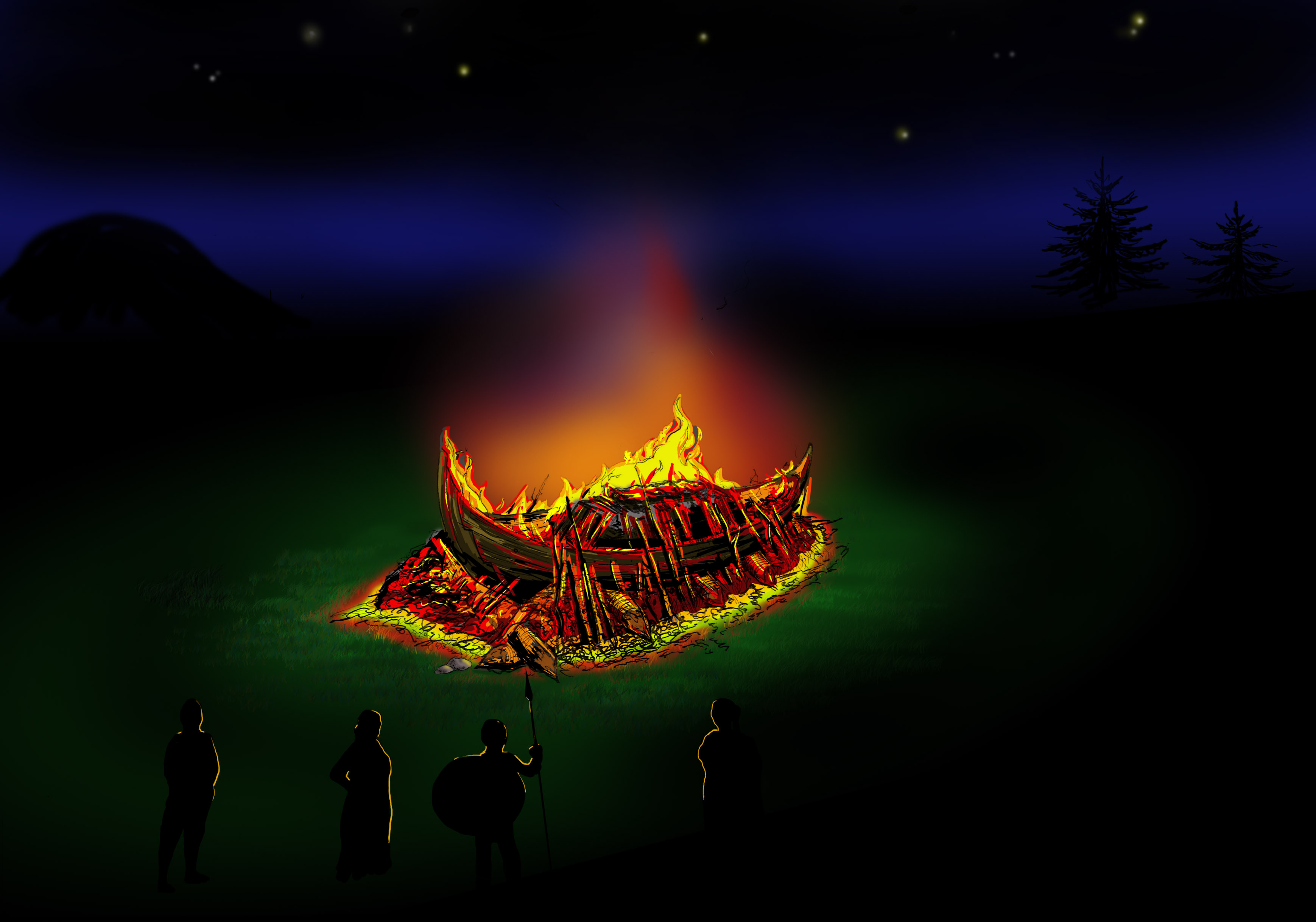 En brinnande träbåt ligger på marken i ett mörkt landskap nattetid. Fyra personer står i förgrunden som silhuetter och ser på elden.