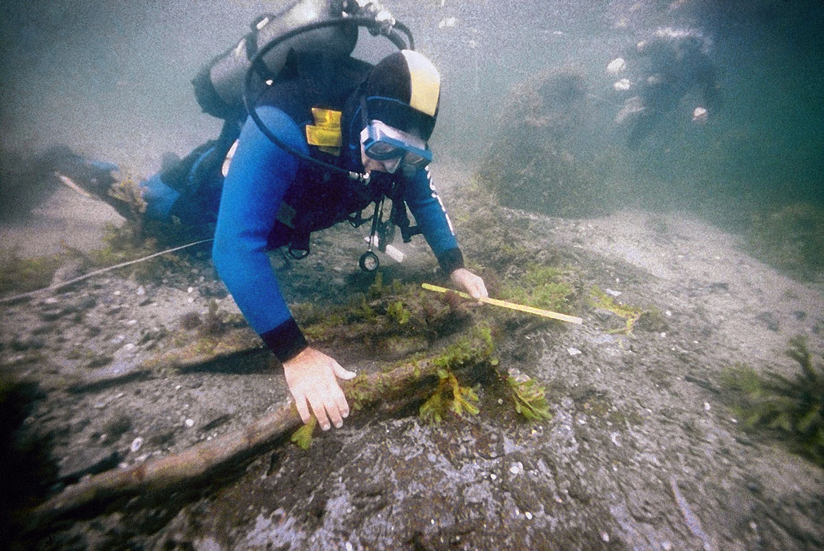 En dykare i blå våtdräkt och syrgastub undersöker ett föremål som ligger på botten under vattnet.