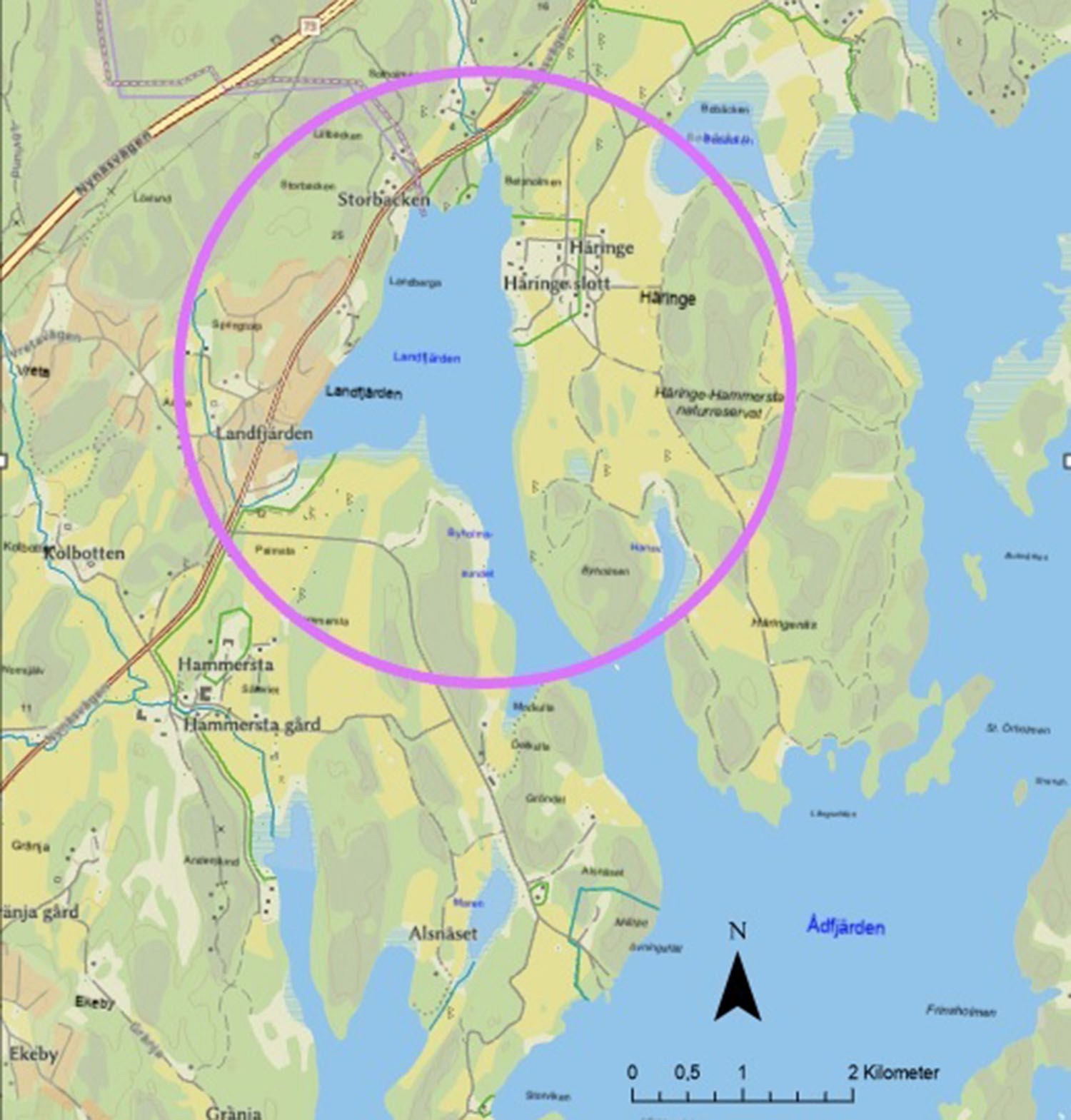 En bit av Sverigekartan där området med Häringe slott och Landfjärden är inringat. 