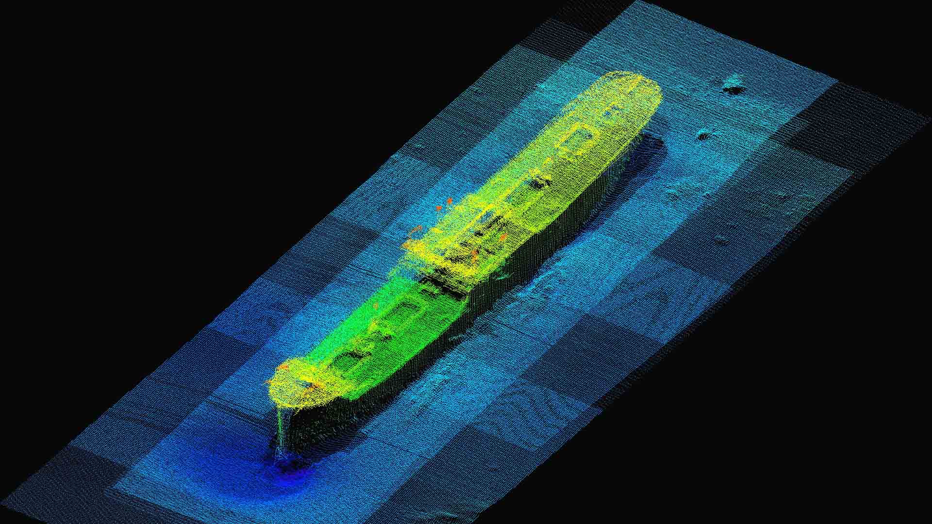 En illustration av ett skepp på sjöbädden.