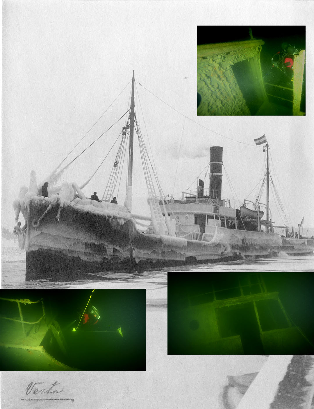 Kollage av ett svartvitt foto med ett äldre fartyg med infällde dykarbilder i färg. 