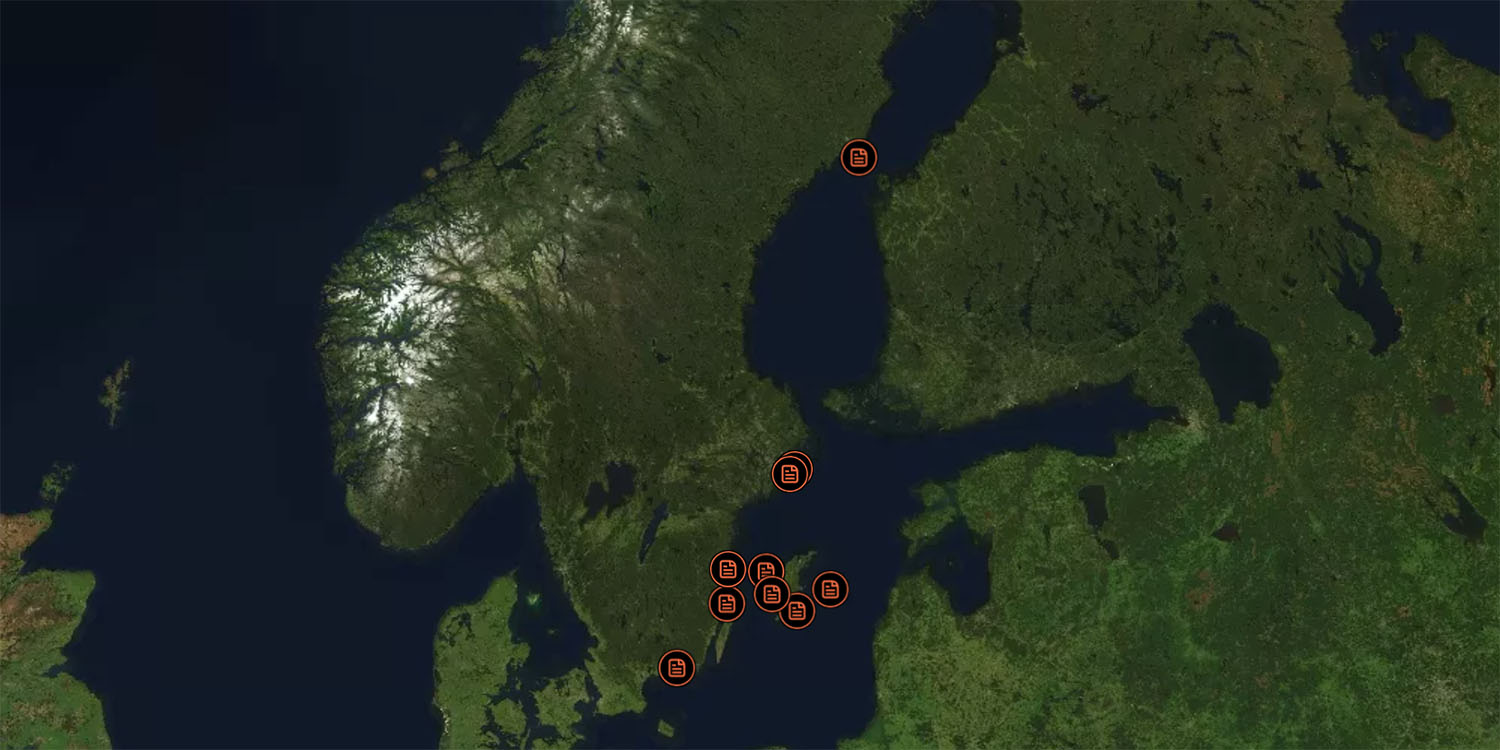 Karta över skandinavien med symboler för rapporter utplacerade på olika platser i Östersjön. 
