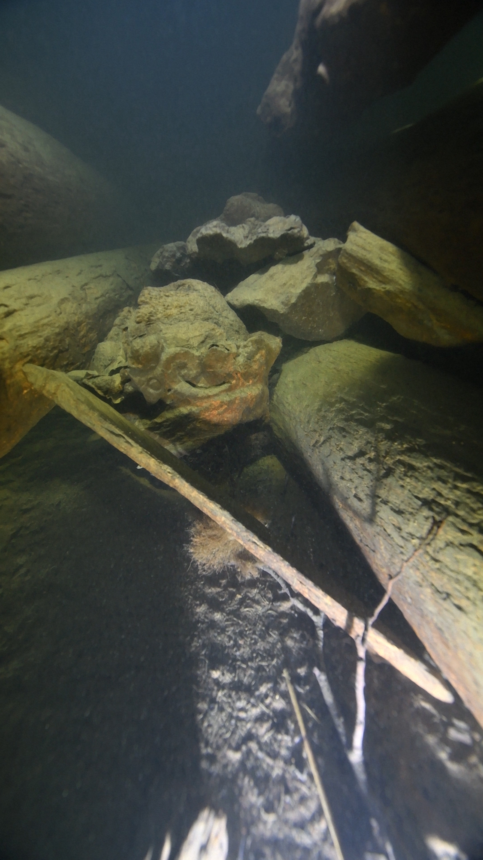 En kungakrona som de två lejonen hållit i, från Riksvapnet på akterspegeln.