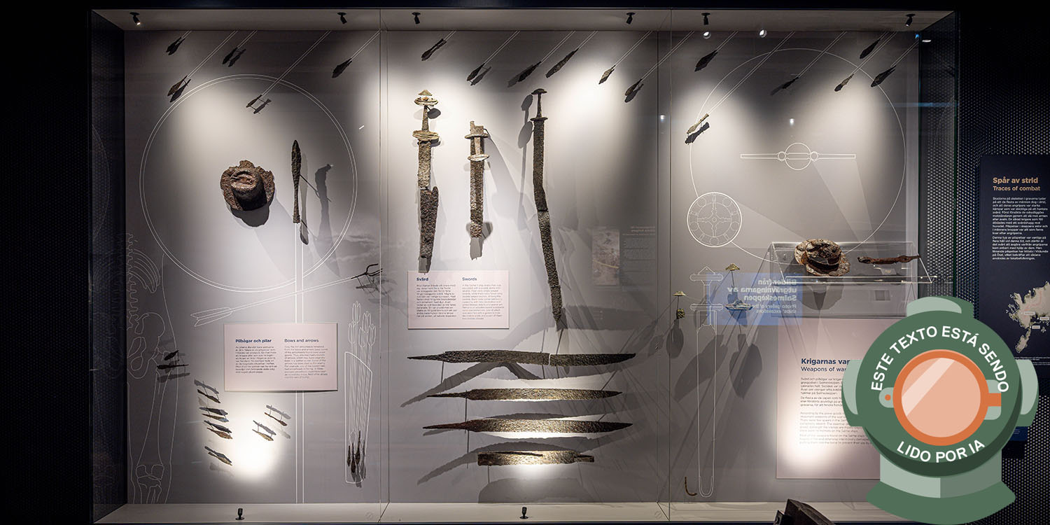 Monter med svärd, pilspetsar och andra vikingatida vapen upphängda mot ljus bakgrund. Bilden är märkt med en dykhjälm och texten: Este texto está sendo lido por IA.