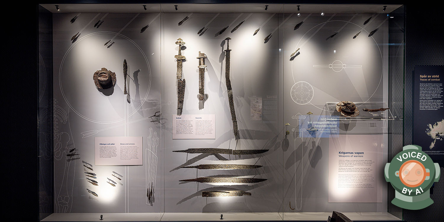 Monter med svärd, pilspetsar och andra vikingatida vapen upphängda mot ljus bakgrund. Bilden är märkt med en dykhjälm och texten Voiced by AI.