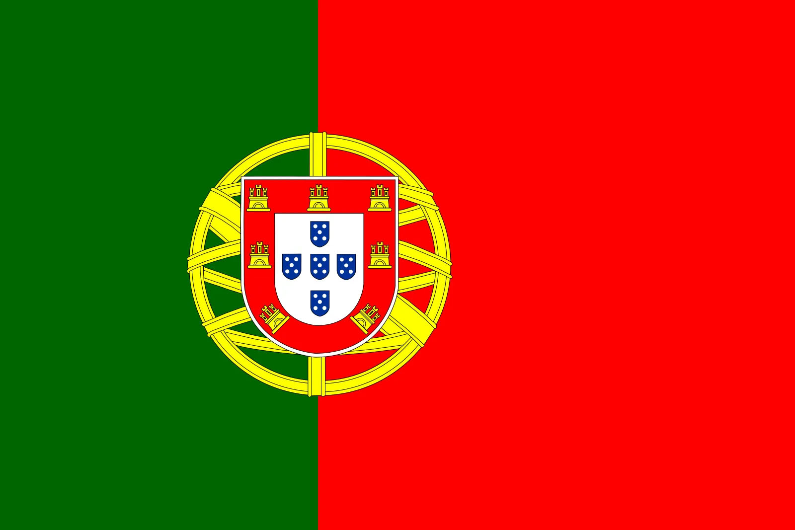 Portugals flagga i rött och grönt med heraldiskt vapen. 