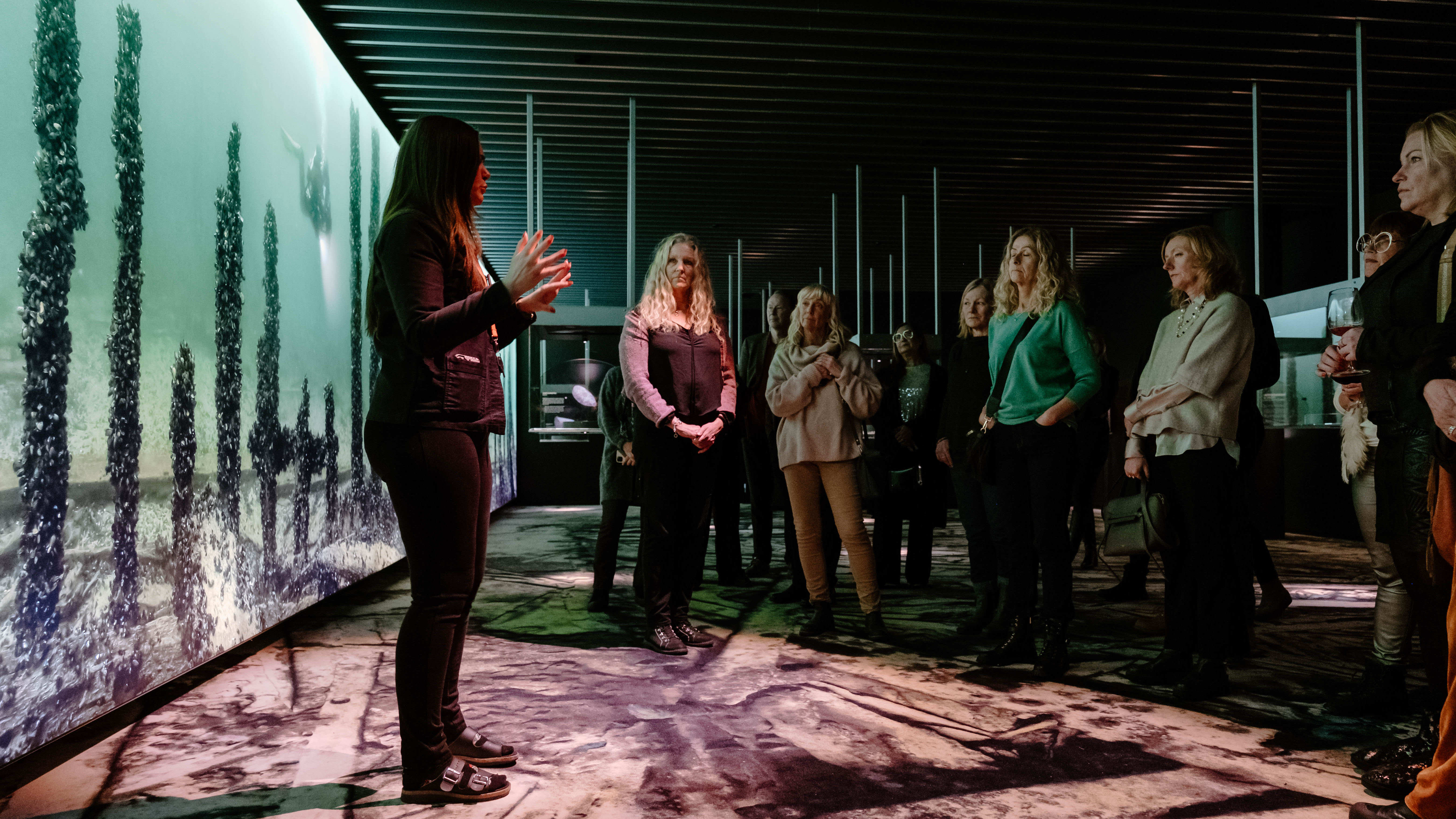 Grupp av personer i gröntonad museisal lyssnar på kvinna med mörkt hår. 