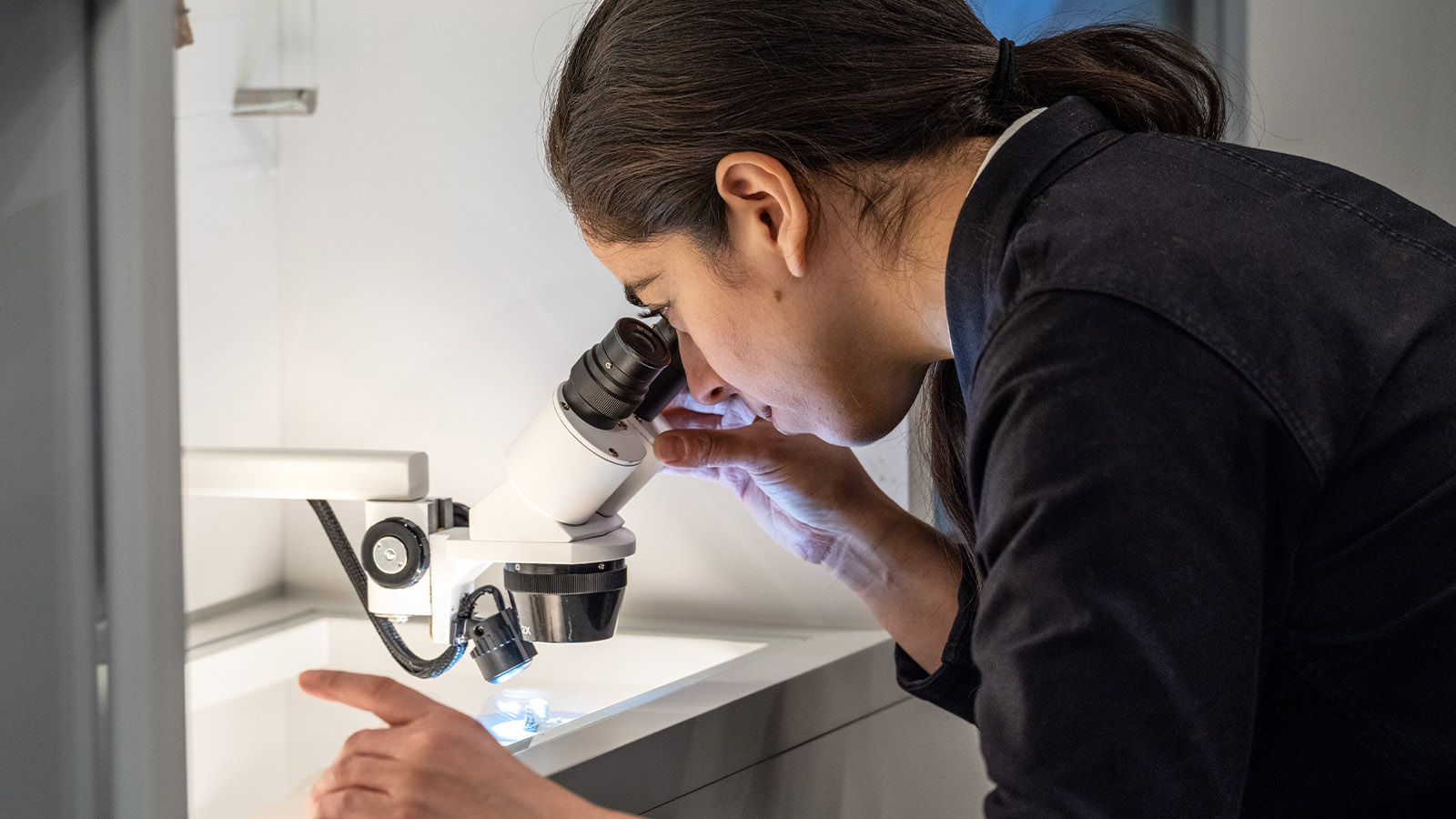 Kvinna tittar i mikroskop