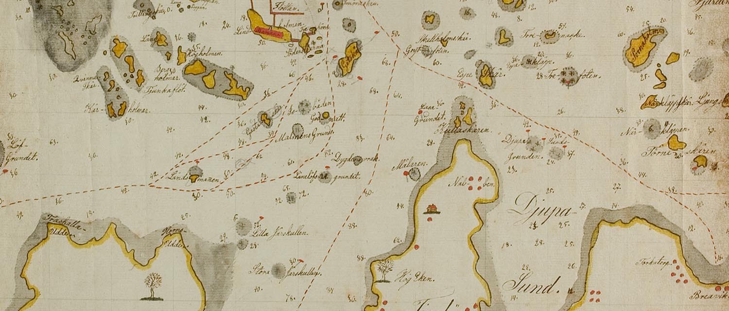 Äldre karta som visar var vraket Dygden ligger.
