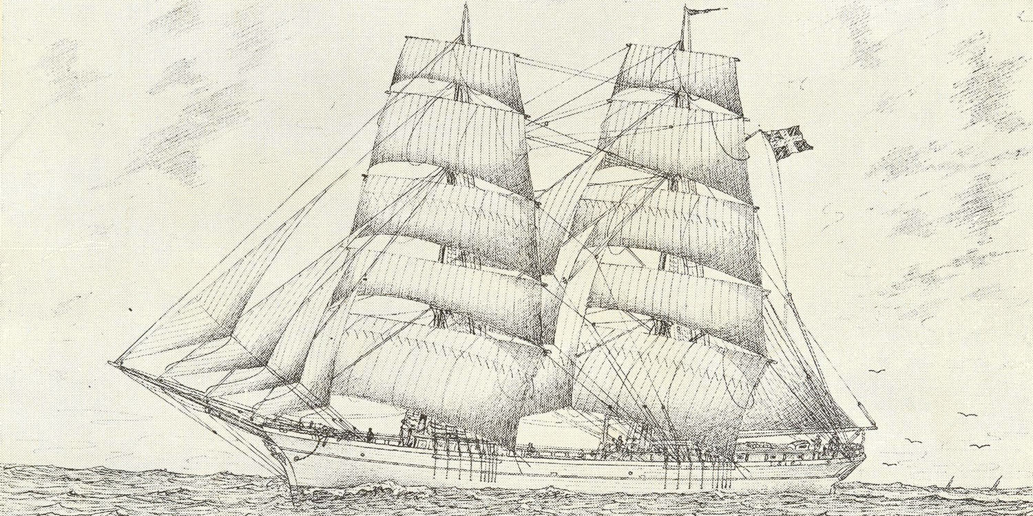 Svartvit teckning av tvåmastat skepp till havs.