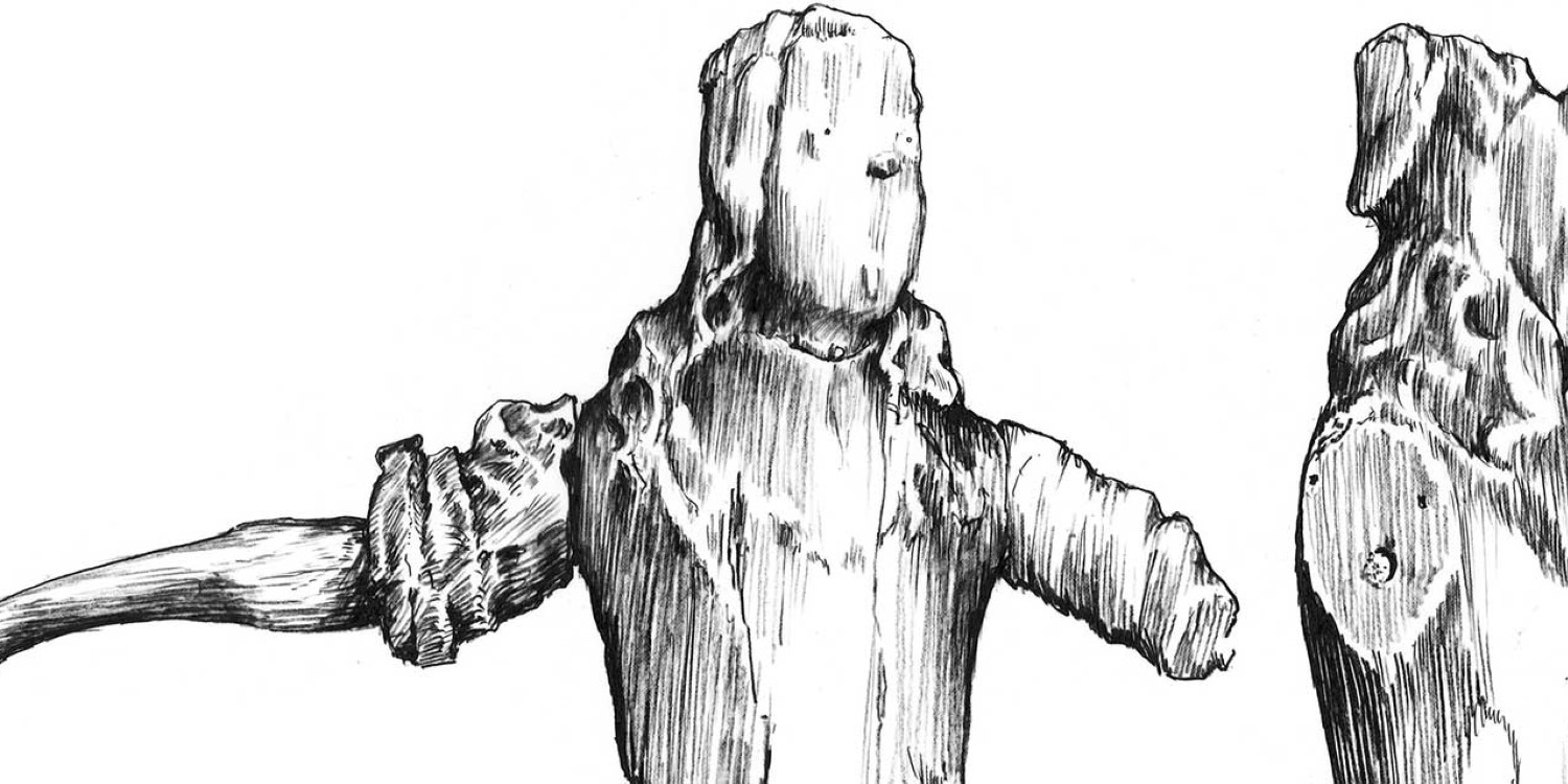 Skulptur från örlogsfartyget Riksäpplet som sjönk 1676. Av Niklas Eriksson, Stockholms universitet.