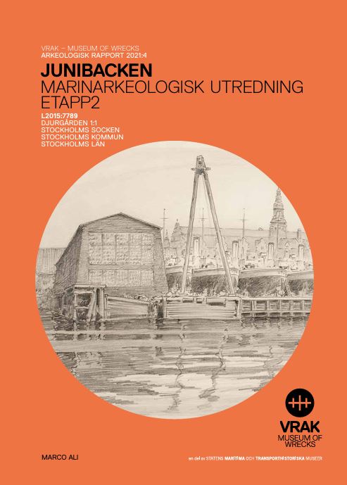 Orange rapportframsida med runt foto av svartvit illustration av Djurgårdstrand med båtar och Nordiska museets höga byggnad sett från vattnet.