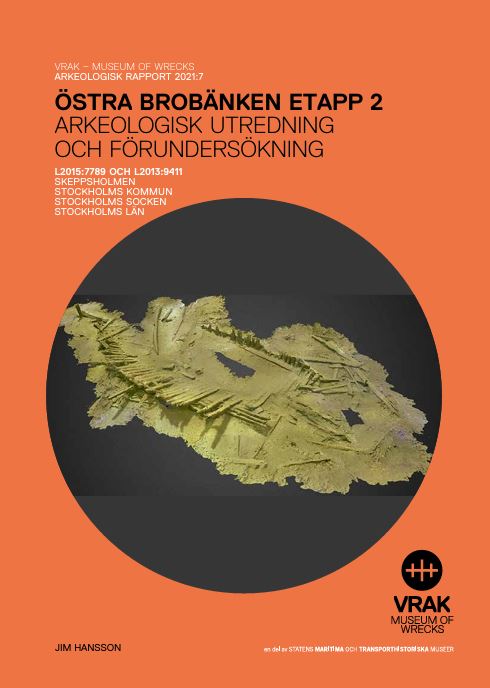 Orange rapportframsida med rund bild med grafik som visar vrak på botten. 
