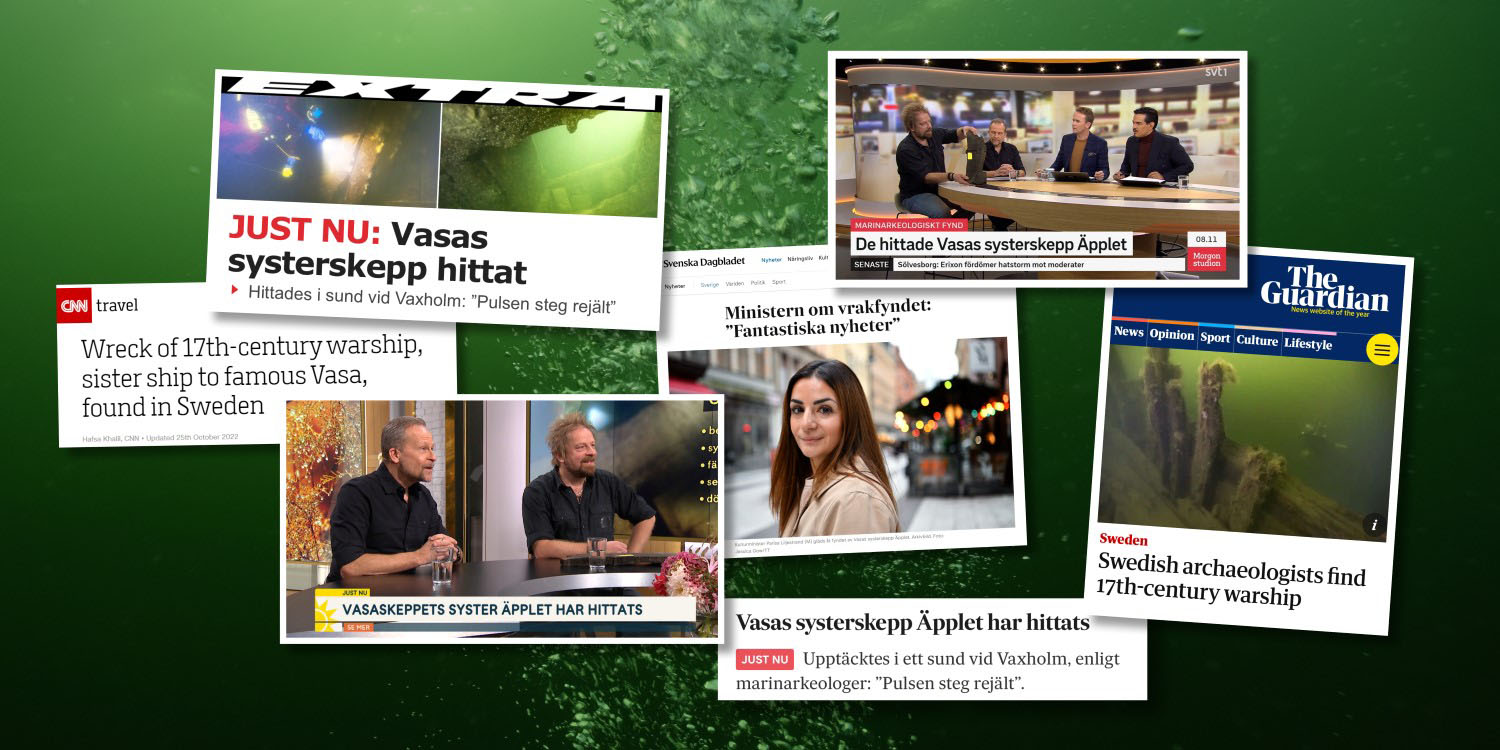 Collage av nyhetsinslag på grön undervattensbild