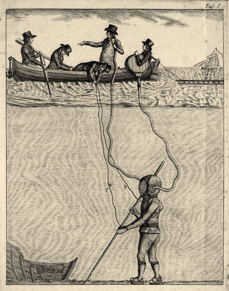 En illustration med fem personer i en roddbåt som bevakar att dykningen går bra för dykaren som ses gå på havsbotten under dem.