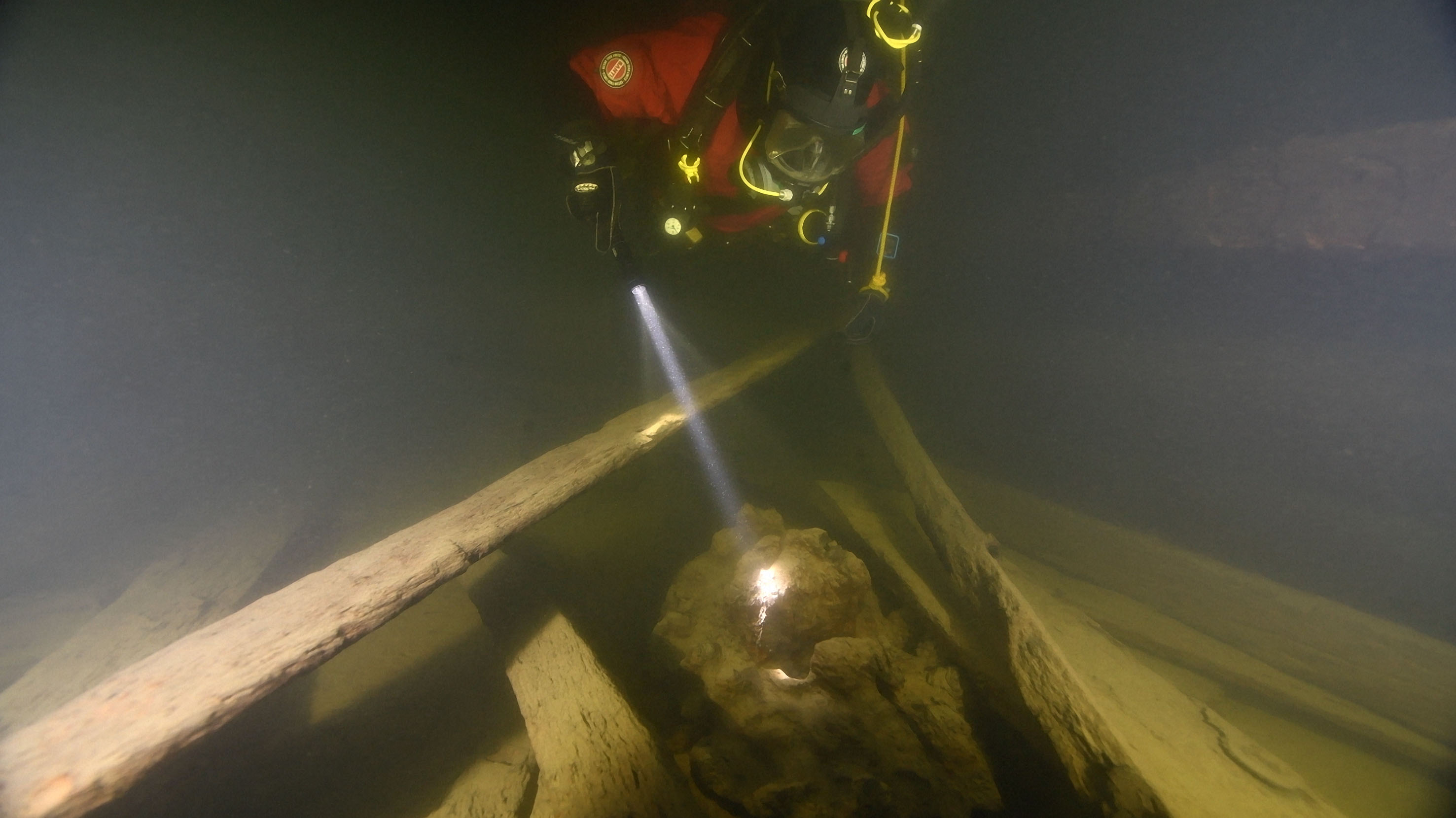 Under water photo of diver who lights up a sculpture of a lion.