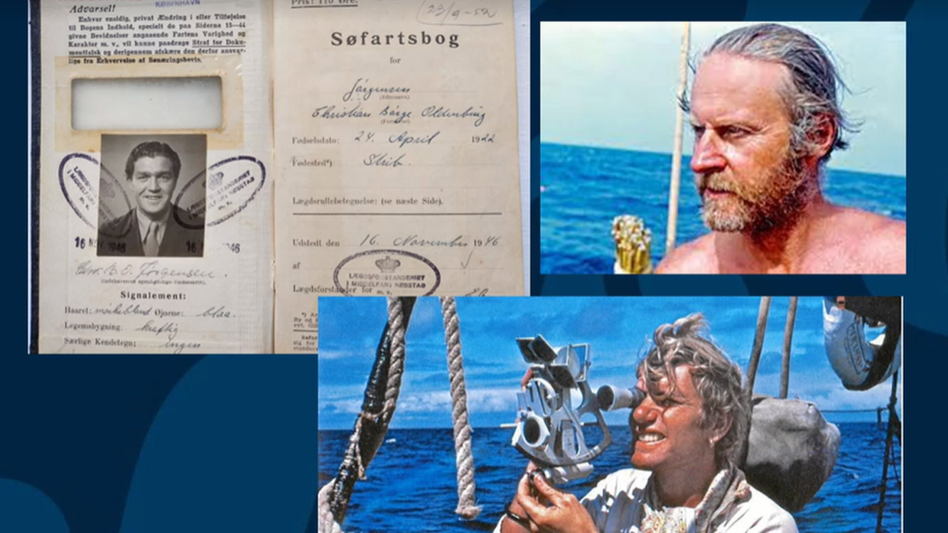 Bild från föreläsning som visar porträtt av män till sjöss och danska identitetshandlingar för en sjöman.