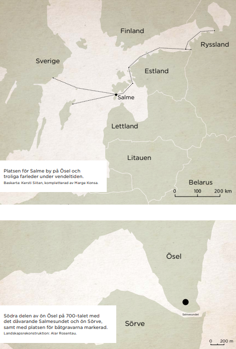 Karta över området där vikingatida båtgravar hittats på Salme.